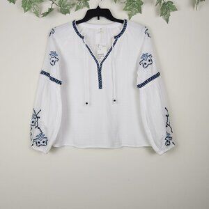 LOGG H&M Size 0 Boho Embroidered Blue White Gauze Relaxed Fit Top Blouse NWT